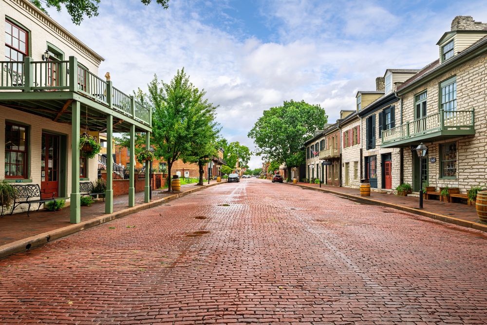Brick-paved South Main Street in historic St. Charles